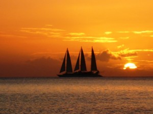 Cruiseship leaving at sunset